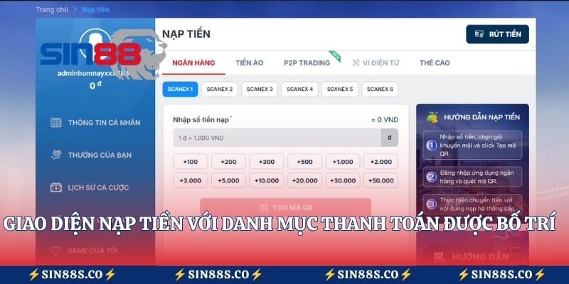 Giao diện nạp tiền với danh mục thanh toán được bố trí rõ ràng