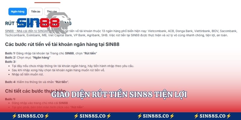 Giao diện rút tiền Sin88 tiện lợi